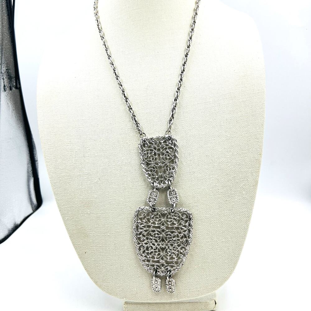 Carlyle Vintage Filigree Statement Pendant Necklace Silver Tone MCM Maximalist